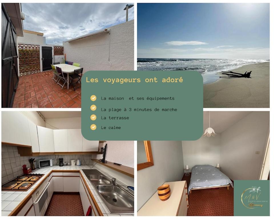 un collage de photos d'une cuisine et d'une plage dans l'établissement Pavillon cosy 6 pers Patio privé et plage à pied, à Port-la-Nouvelle