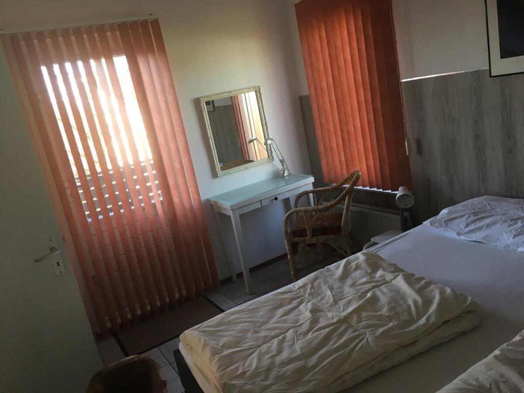 a bedroom with a bed and a desk and a mirror at freistehendes Ferienhaus mit Sauna und Kamin in Kamperland