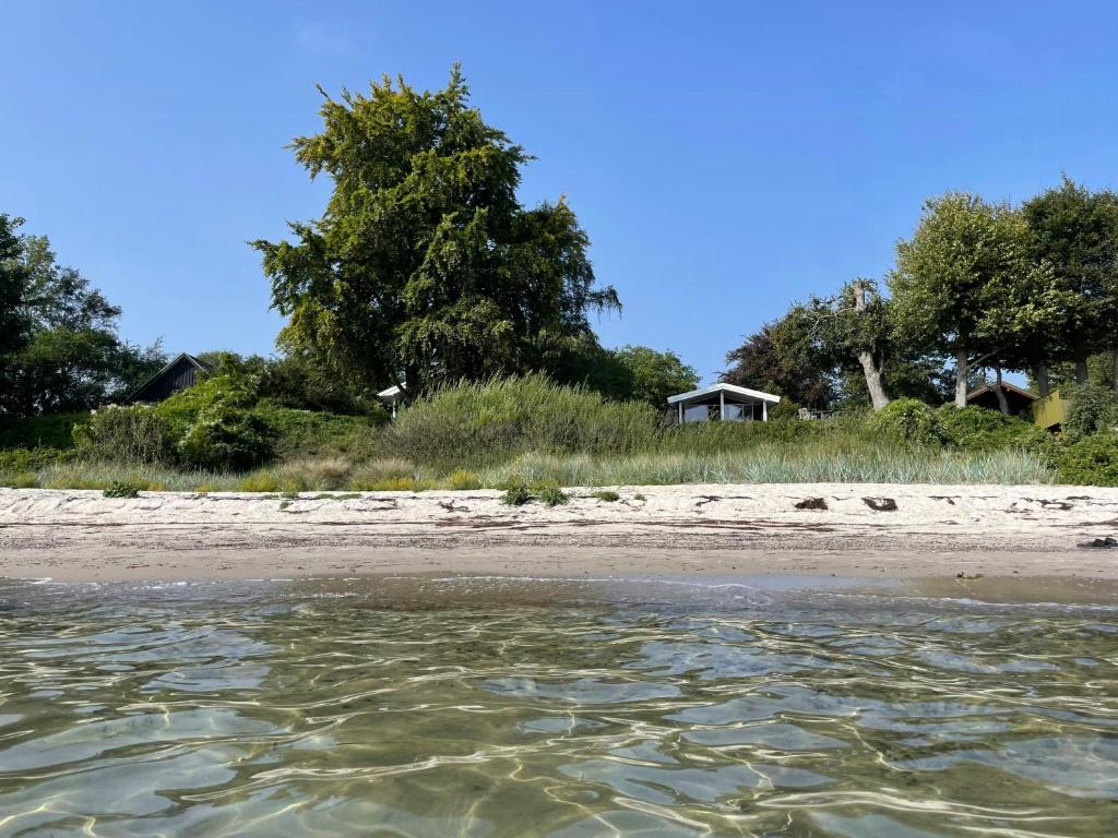 une vue d'une plage avec une maison en arrière-plan dans l'établissement True Atmosphere With Sea View And Beach, à Idestrup