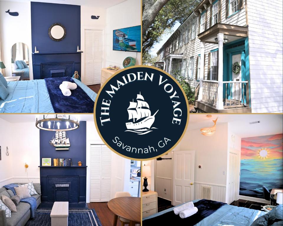 a collage of pictures of a living room and a house at The Maiden Voyage - Themed Getaway, Steps to Forsyth, King Bed, Grill, Games, Picnic Basket in Savannah