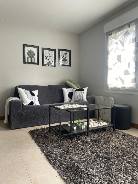 un salon avec un canapé et une table dans l'établissement Appartement Aldapa, à Urrugne