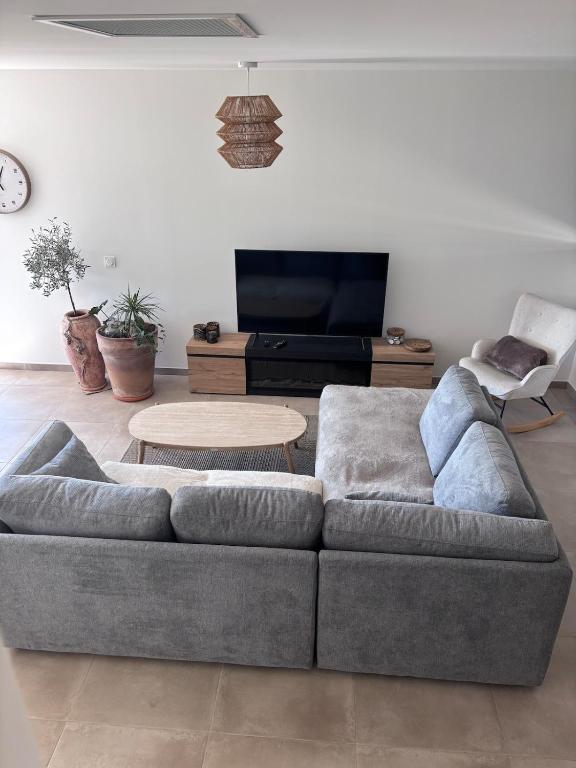 un salon avec un canapé et une table dans l'établissement Villa Between sea and scrubland, A9 Gallargues exit, à La Celle-sous-Gouzon