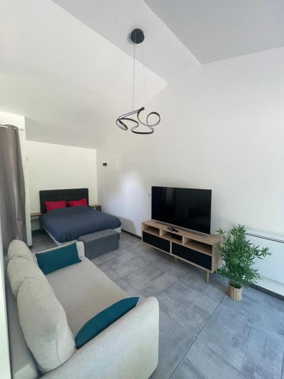 a living room with a couch and a tv at Maison avec grand espace en hauteur in Saint-Georges-des-Côteaux