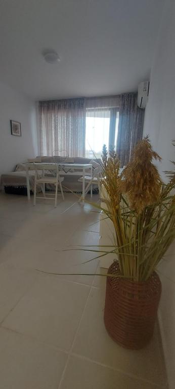 a room with a bed and a vase with plants at Condo Santosha on the beach in Pomorie