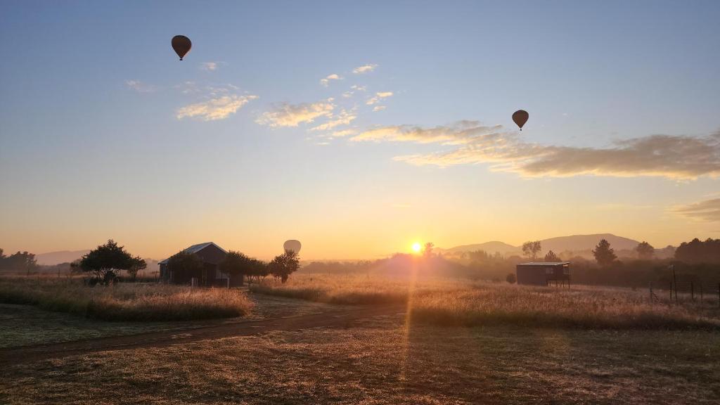 two hot air balloons flying over a field at sunset at Magalies River Country Retreat in Skeerpoort