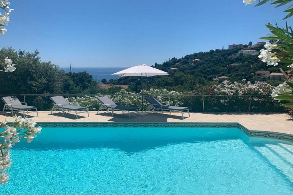 - une piscine bleue avec des chaises et un parasol dans l'établissement Provenzalische Villa l'Équilibre - mit Meerblick und privatem Pool by Riviera HomeLife, à Roquebrune-sur Argens