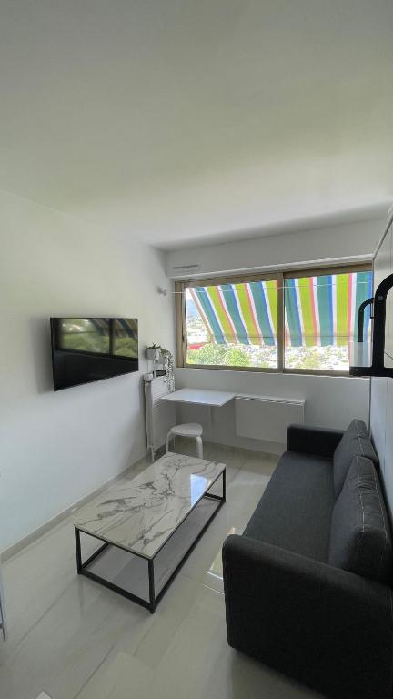 un salon avec un canapé et une table en verre dans l'établissement Studio Cannes Marina, à Mandelieu-la-Napoule