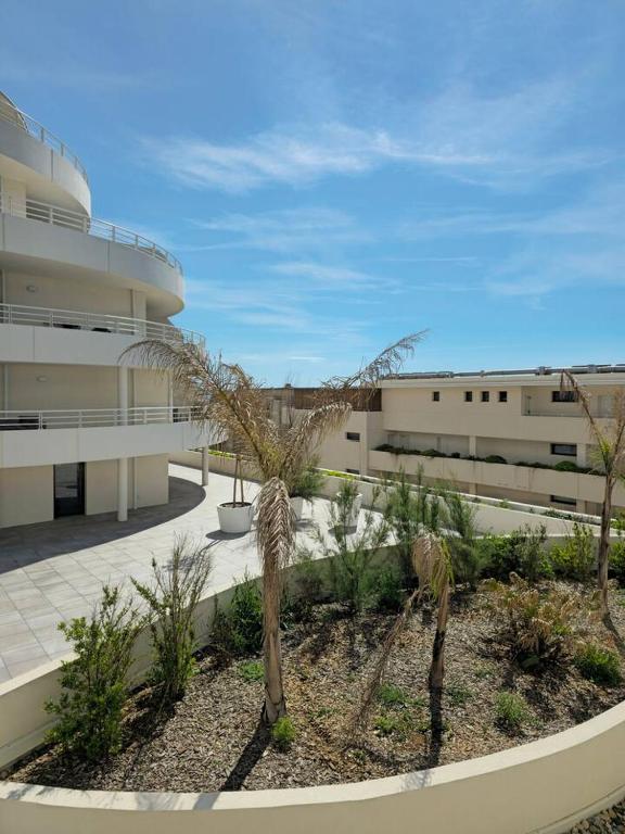 a palm tree in front of a building at Valras Panarea 4 people in Valras-Plage