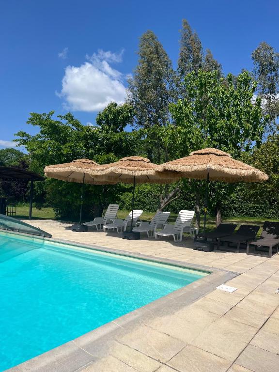 - une piscine bordée de parasols et de chaises dans l'établissement Gite 3, Domaine Logis Gascogne, à Saint-Justin