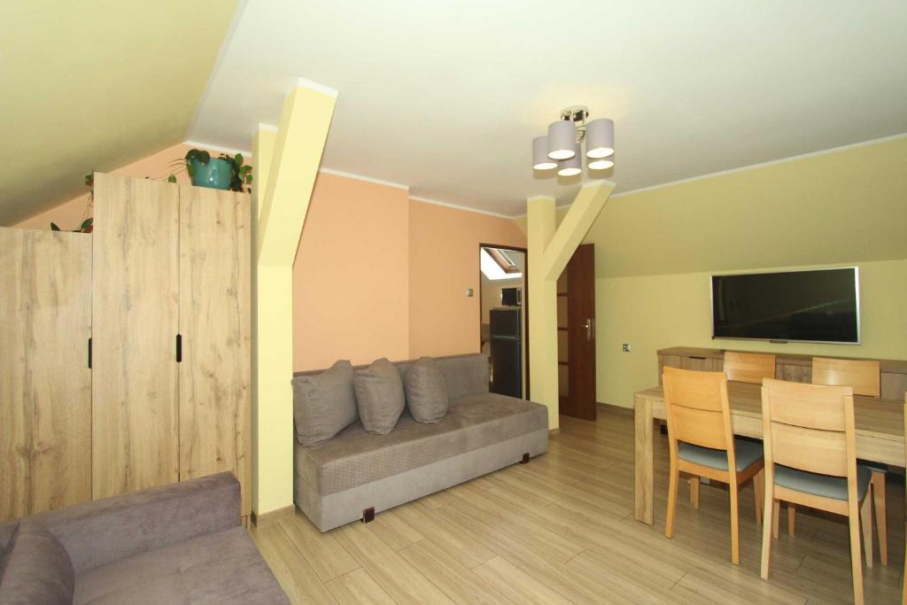 TV a/nebo společenská místnost v ubytování Całoroczny drewniany domek Superior i apartamenty Eko-oaza w Krynica Morska-Piaski