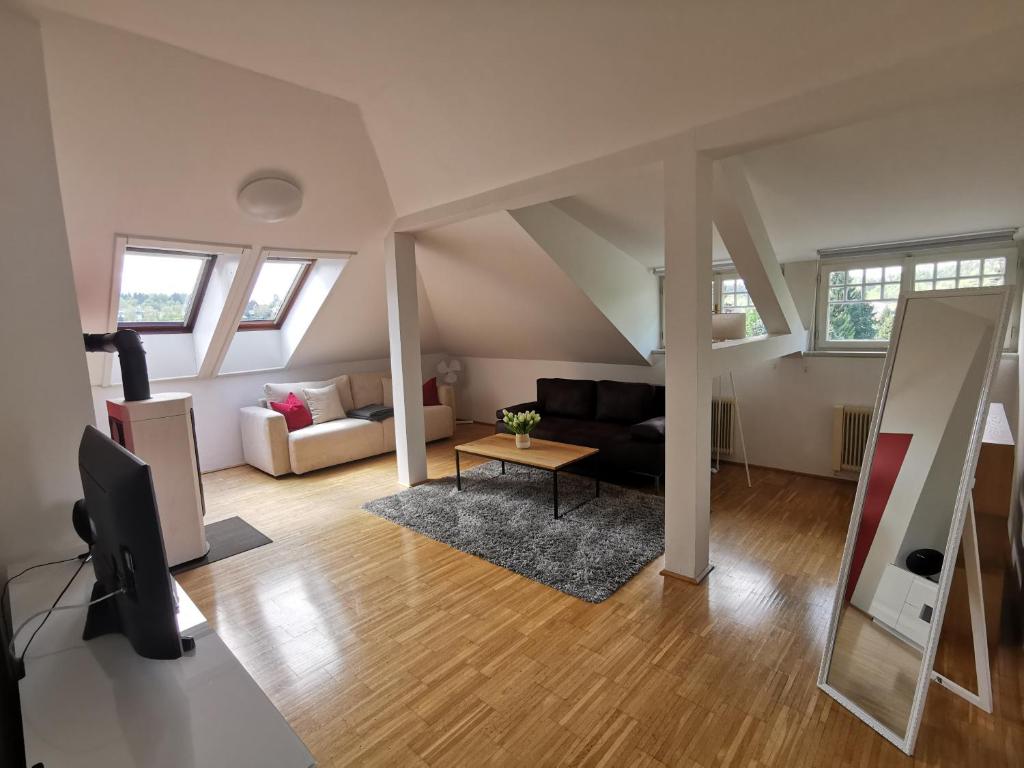Televízia a/alebo spoločenská miestnosť v ubytovaní Moderne Dachgeschosswohnung zentral by Seebnb