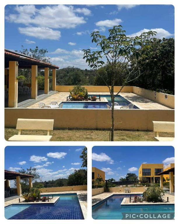 a collage of four pictures of a swimming pool at Flat Serra Negra, Bezerros in Bezerros