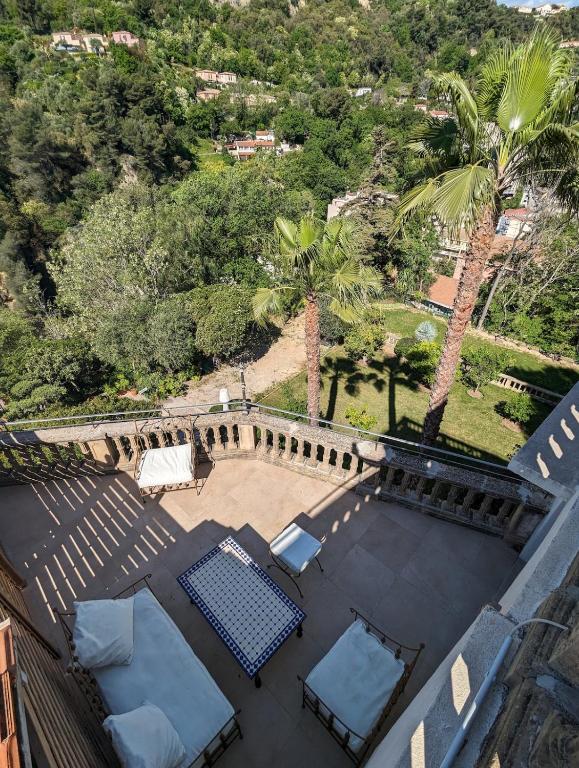 Elle offre une vue sur la terrasse dotée de chaises et de palmiers. dans l'établissement Family suite with private terrace, à Nice