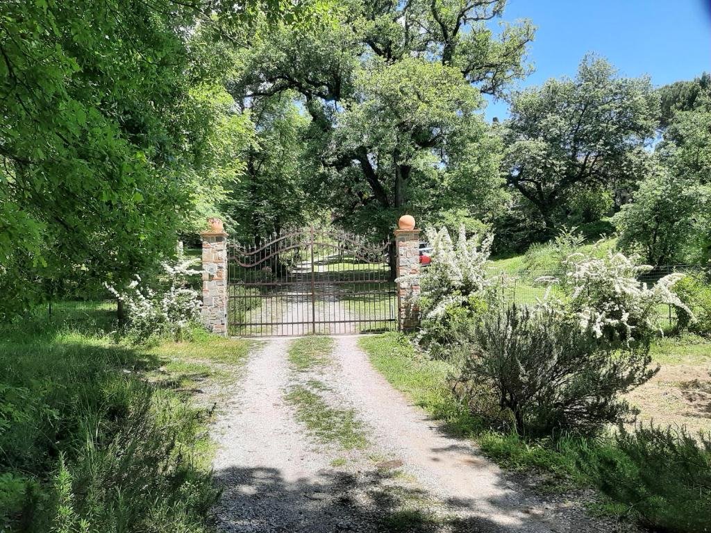 ein Tor auf einem Feld mit einer Schotterstraße in der Unterkunft AGRITURISMO Casale Il Caggio in Ciggiano