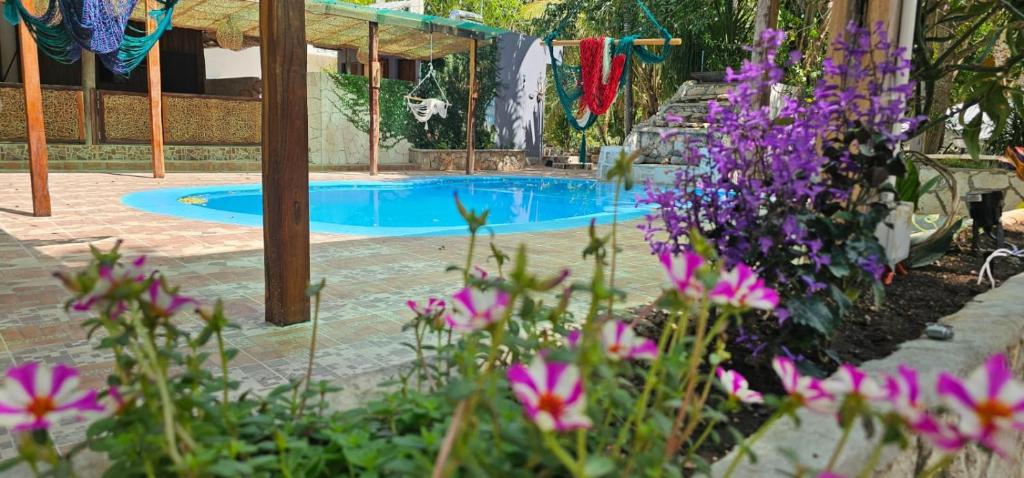 a swimming pool with purple flowers in the foreground at Casa Jabalí Ecocchic in Tulum