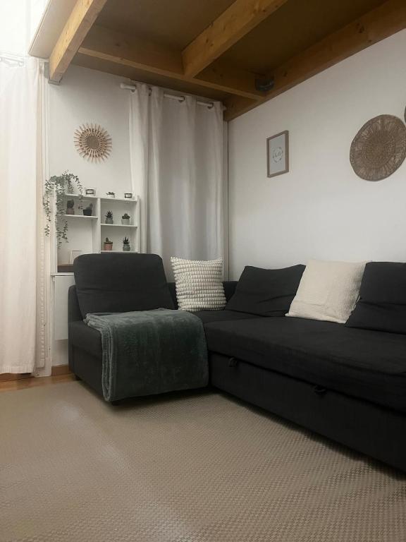 un salon avec un canapé noir dans une pièce dans l'établissement Le Cosy Champenois! Reims Arena, à Reims