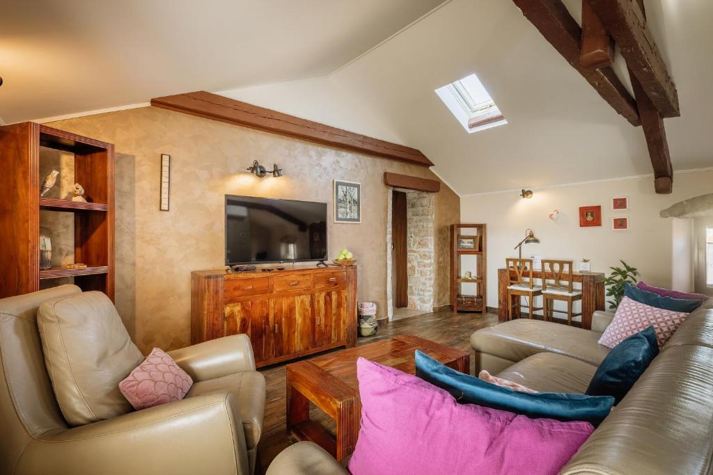 salon z kanapą i telewizorem w obiekcie Apartments Mirna Stress free w mieście Donji Babići