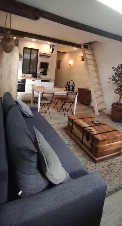 un salon avec un canapé bleu et une table dans l'établissement La Grange, à Bayonne