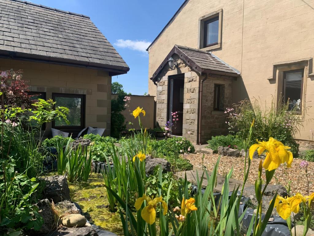 ein Garten vor einem Haus mit gelben Blumen in der Unterkunft Stoneycross Cottage in Preston