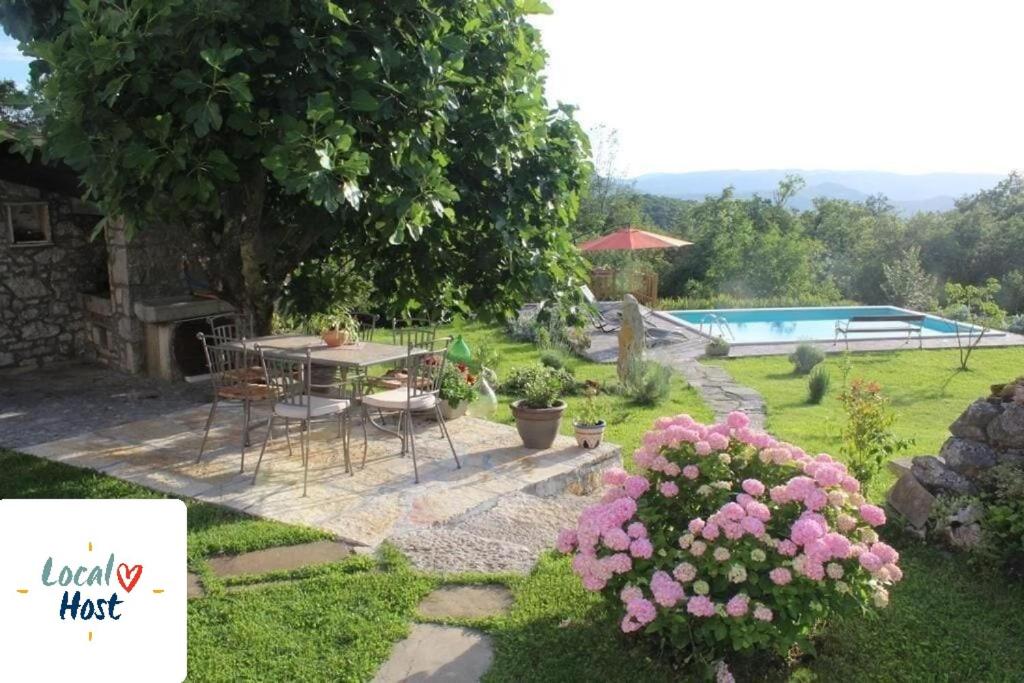 ogród ze stołem i krzesłami oraz basenem w obiekcie Villa Mavrici, Neighbors free w mieście Buzet