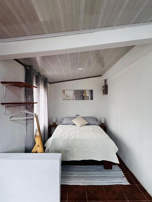 a bedroom with a bed and a wooden ceiling at Apto aire acondicionado 100 m de la playa bicicletas gratis in Puerto Viejo