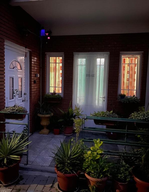 un grupo de plantas en macetas frente a una casa en Charming Lakeside Stay, en Pogradec