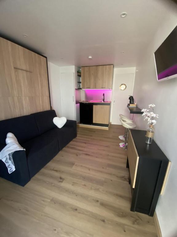 un salon avec un canapé noir et une cuisine dans l'établissement Studio cosy Cannes à 250 m de la plage, pointe Croisette, à Cannes