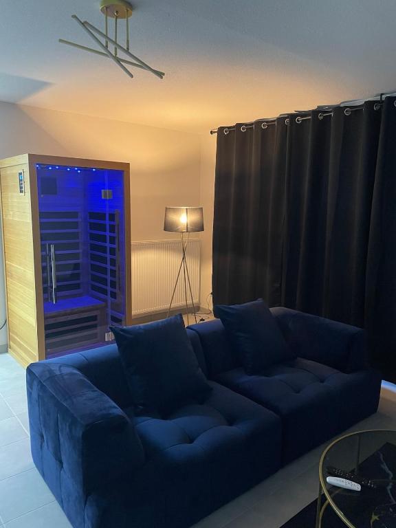 - un canapé bleu dans le salon doté d'une fenêtre dans l'établissement Apartment with Jacuzzi & Sauna near Toulouse, à Daux