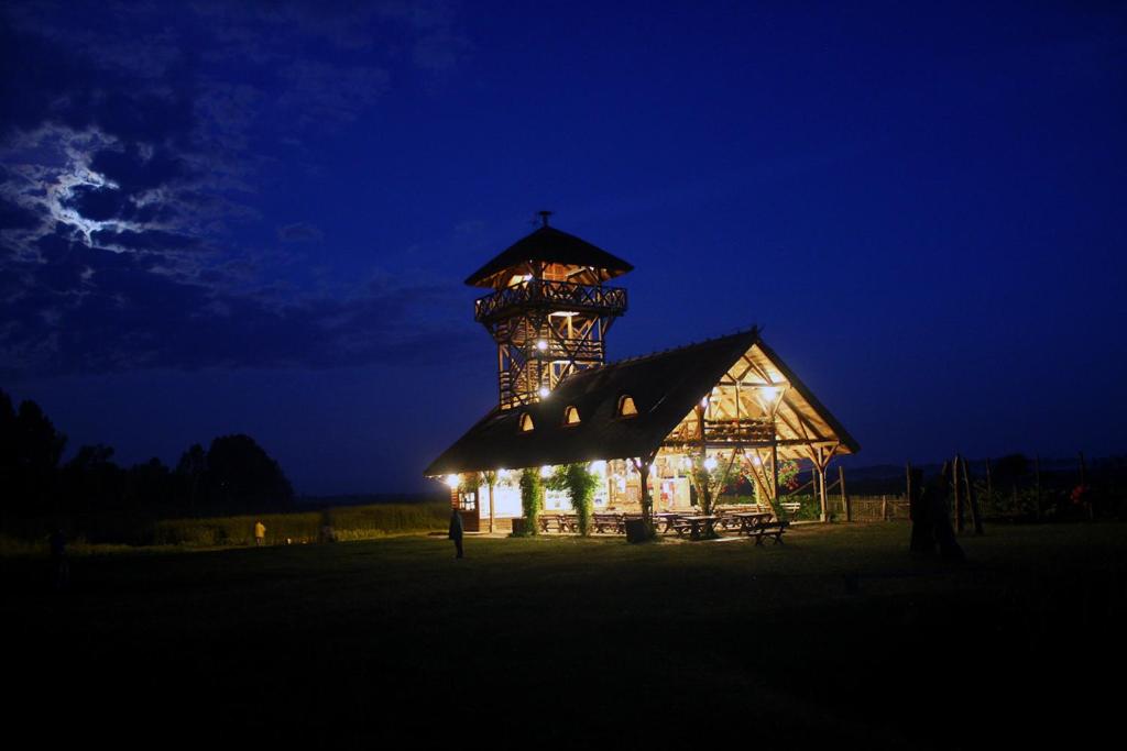 a lit up building with a tower at night at Guest House Zasavica in Zasavica Druga