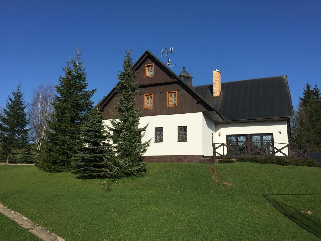 a large white house with a black roof at Apartments Dřevona II in Janov nad Nisou