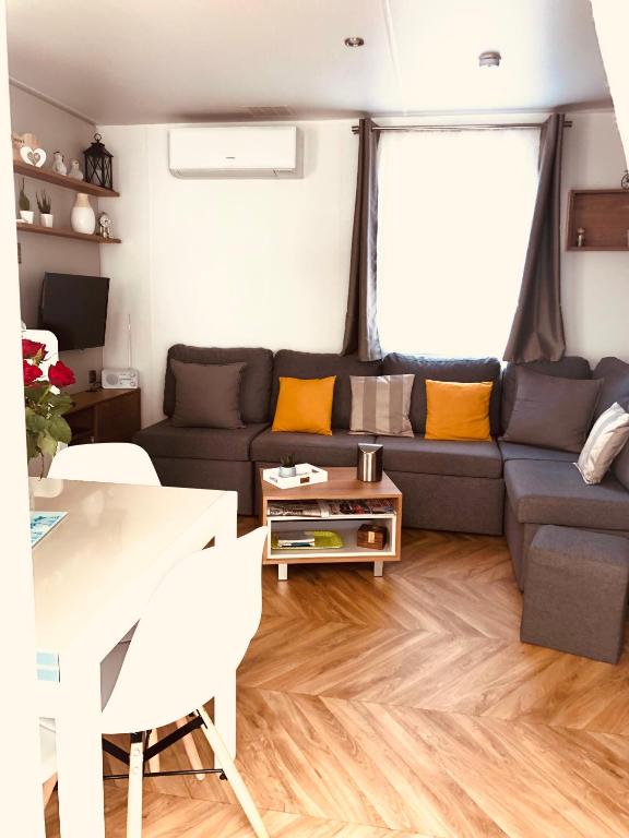 un salon avec un canapé et une table dans l'établissement Mobil home, au Grau-dʼAgde
