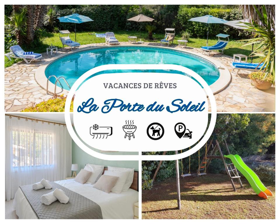 un collage de photos d'une piscine avec un lit et un panneau dans l'établissement La Porte Du Soleil - Famille - Lac de Saint-Cassien - Calme, à Bagnols-en-Forêt