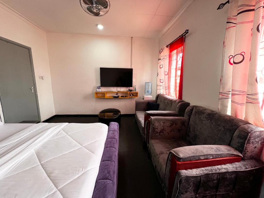 アルーシャにあるHadraj Sokokuu Apartment2のソファとテレビがあるホテルの部屋