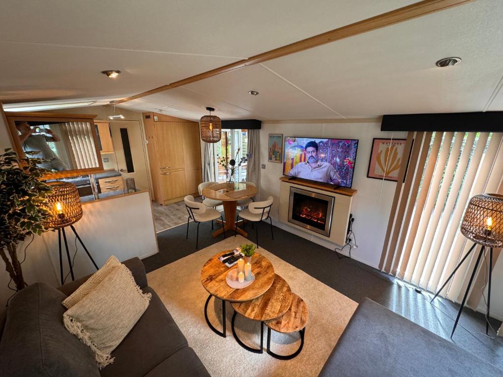 TV a/nebo společenská místnost v ubytování VELUWE CHALET HOENDERLOO Private Jacuzzi, Park Swimming Pool and Children's Entertainment