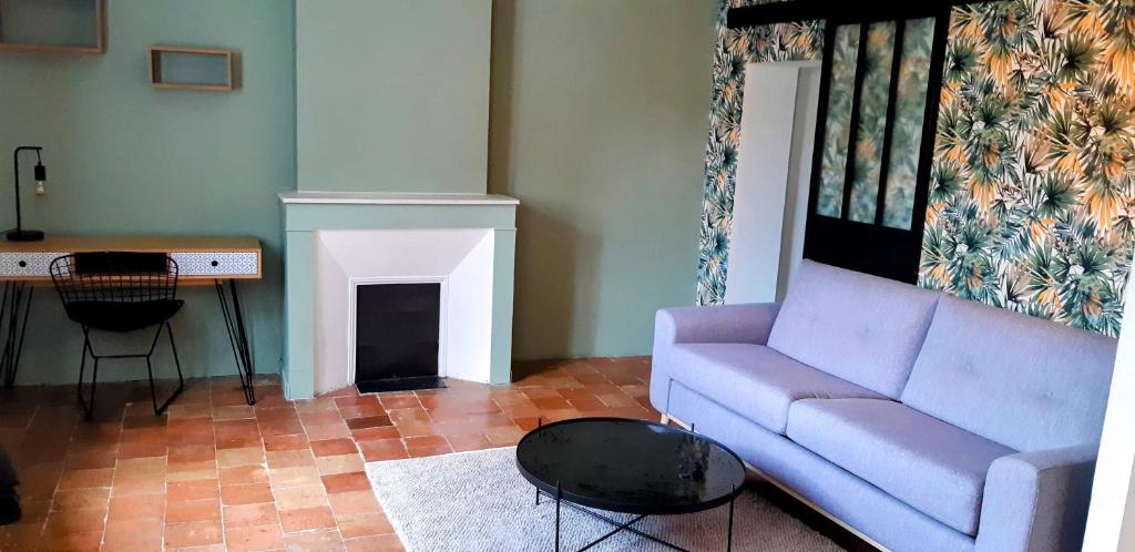 un salon avec un canapé et une cheminée dans l'établissement Studio calme en centre historique, à Aix-en-Provence