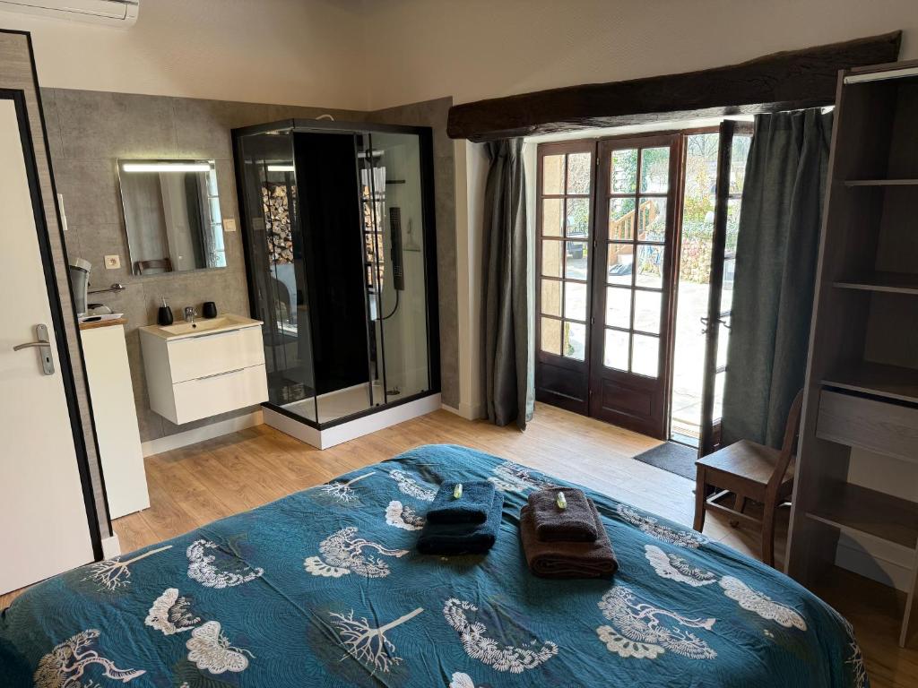 - une chambre avec un lit et une salle de bains avec un miroir dans l'établissement Chambre d'hôtes NATURISTE Le Jardin Des Hirondelles, à Blanzaguet-Saint-Cybard-le-Peyrat