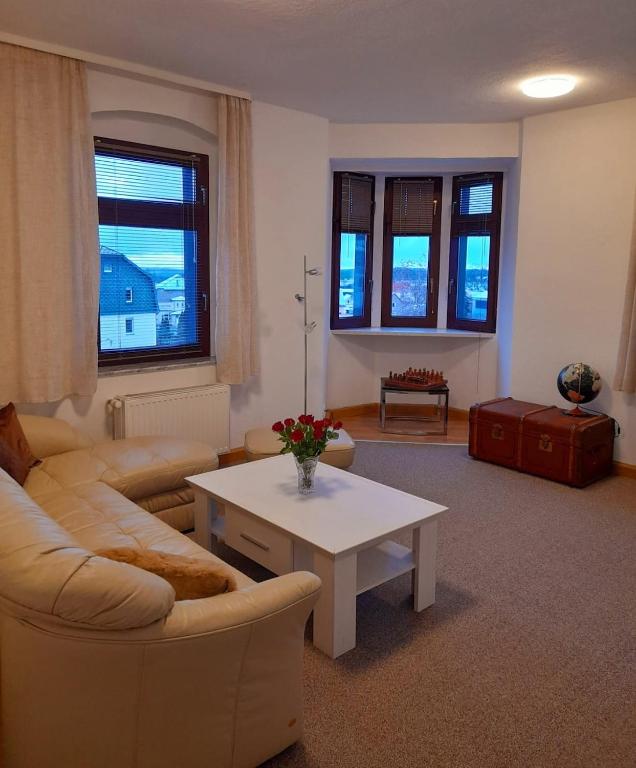 a living room with a couch and a coffee table at Großzügige, komfortable Wohnung in Burgstaedt