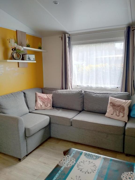 un salon avec un canapé et une fenêtre dans l'établissement Mobil home 3 chambres, à Gastes