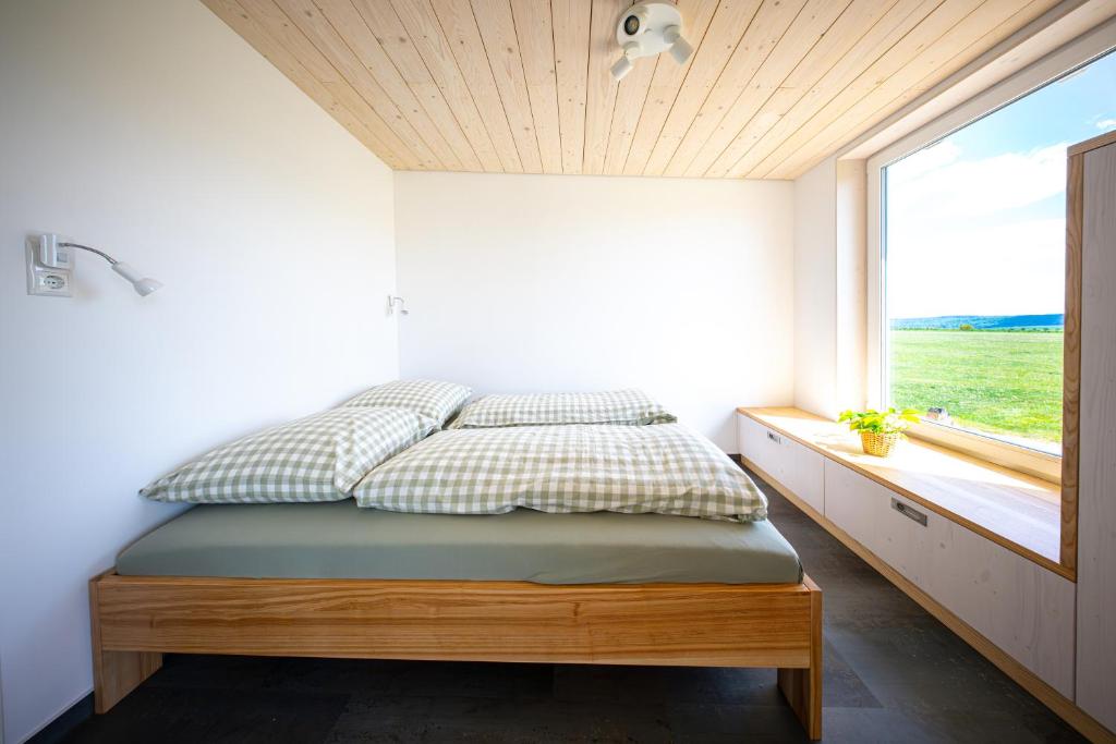 a bedroom with a bed with a window in it at Ferienhaus am Flugplatz, umgeben von Natur in Kühndorf
