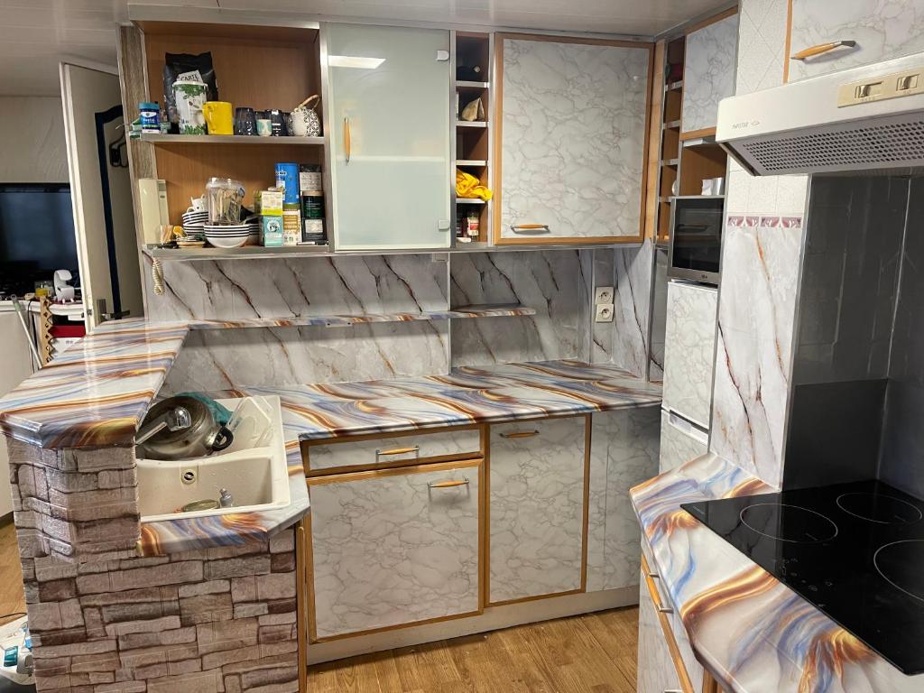 une cuisine avec comptoirs et armoires en marbre avec une cuisinière dans l'établissement Paris roquette appartement 1 chambre, à Paris