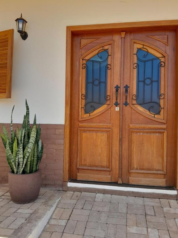 a wooden door with a potted plant next to it at Loft Bourbon - Ideal para casais, família e trabalho in Itanhandu