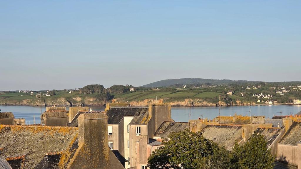 une vue d'une ville avec une rivière et des bâtiments dans l'établissement Appartement centre, vue sur Mer, proche Plages, à Douarnenez