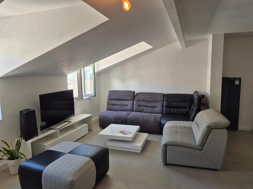 un salon avec un canapé et une télévision dans l'établissement T2 Centre proche gare, à Voiron