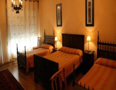 1 dormitorio con 2 camas y lámpara de araña en Casa Matías en Sarria