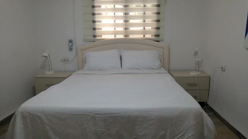 a white bed with two pillows and a window at Dror Winery in Kefar Shammay