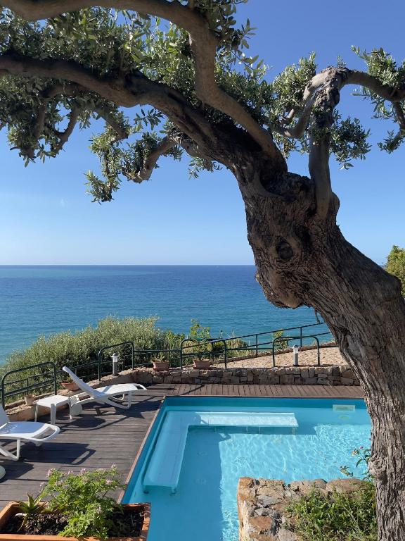 a swimming pool next to a tree and the ocean at inKanto Room in Cefalù