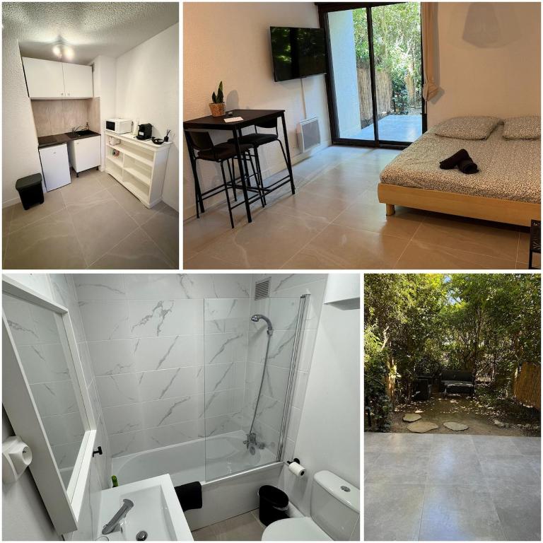 un collage de trois photos d'une chambre et d'une salle de bains dans l'établissement Nice studio in Montpellier, à Montpellier