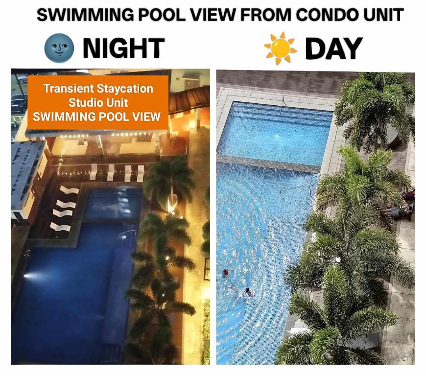 a collage of two pictures of a swimming pool with palm trees at Holland Park Condominium Accommodation Southwoods Biñan Laguna- Max 4 Persons including kids & toddlers in Biñan