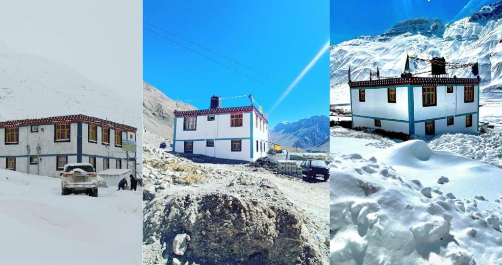 four different pictures of a building in the snow at LSN Homestay By Soma Stays in Kaza