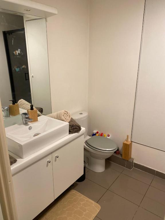 une salle de bain avec un lavabo blanc et des toilettes dans l'établissement Appartement cosy et moderne, à Marseille